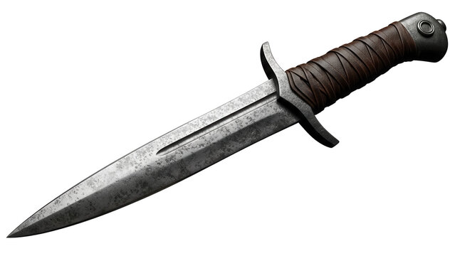 Medieval dagger PNG isolated on transparent background, antique short sword with leather grip and steel blade for historical reenactment