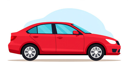 Obraz premium A bright red sedan car is depicted in a side profile against a light blue, abstract background.