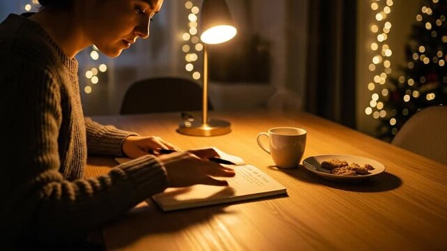 Person Writing in Notebook at Table with Coffee and Cookies.