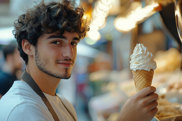 Happy young person hold cone ice cream in sweet dessert shop environment created with generative ai technology