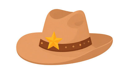 An illustrated brown cowboy hat featuring a dark band with studs and a golden sheriff's star badge.