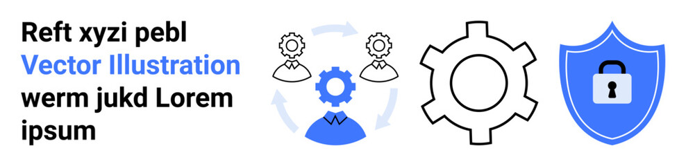 Gear and user icons represent teamwork, process efficiency, and connection, with a shield for data security. Ideal for business, tech solutions, cybersecurity, safety, teamwork workflow simple