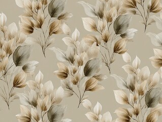Elegant, chic, vintage seamless repeatable pattern featuring layered leaf clusters in warm olive and creamy latte tones