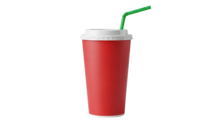 Red paper cup with green straw isolated PNG, disposable drink container on transparent background for fast food and beverage concepts