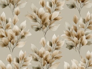 Elegant, chic, vintage seamless repeatable pattern featuring layered leaf clusters in warm olive and creamy latte tones