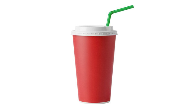 Red paper cup with green straw isolated PNG, disposable drink container on transparent background for fast food and beverage concepts