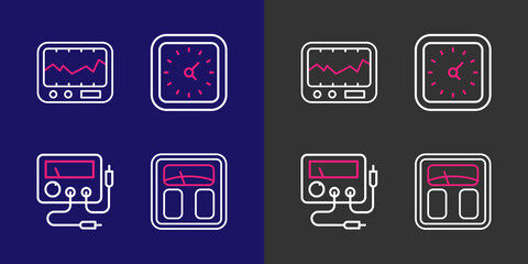 Set line Bathroom scales, Multimeter, voltmeter, Clock and Measuring instrument icon. Vector