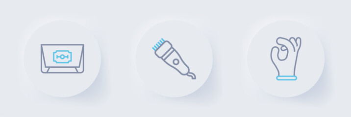 Set line Medical rubber gloves, Electrical hair clipper and Blade razor icon. Vector