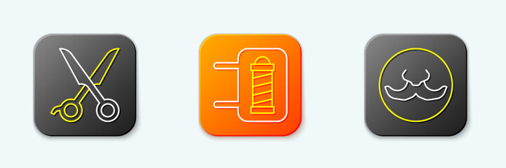 Set line Scissors hairdresser, Barber shop pole and Mustache icon. Vector