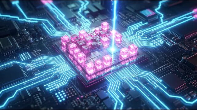 Beam activating processor chip on circuit board. Futuristic data flow in integrated network. 5G technology and artificial intelligence visualization. video footage video footage