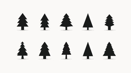 Obraz premium Collection of minimalist black evergreen tree silhouettes. Simple graphic design elements for Christmas, winter, or nature concepts.