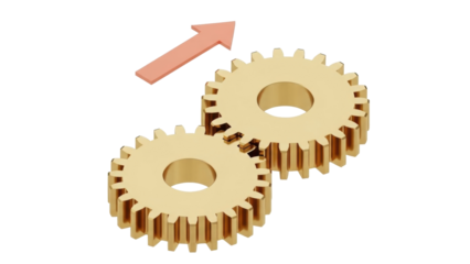 Isolated gears system with an upward arrow showing progress and growth, simple 3D illustration
