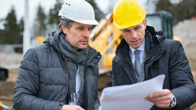 Medium shot of a repossession agent and site manager inspecting a rented bulldozer paperwork in hand with heavy machinery in the background