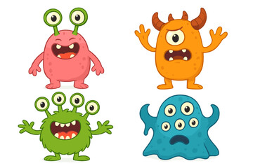 Four colorful cartoon monsters with various eyes and horns