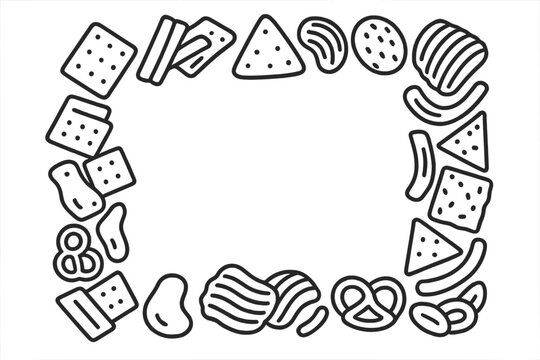 Assortment of salty snack food icons forming a rectangular border outline