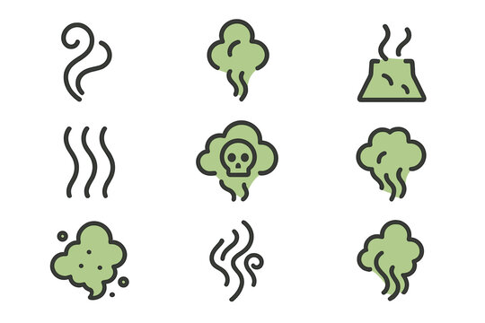 Collection of nine icons representing bad smell, odor, and toxic fumes