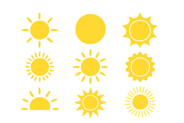 Set of nine stylized yellow sun icons and symbols for weather or summer