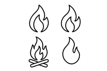 Four simple line icons depicting various fire and flame shapes