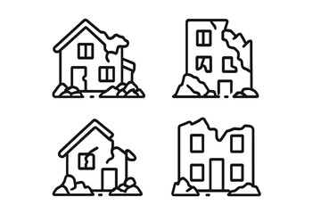 Outline icons representing damaged and ruined residential buildings