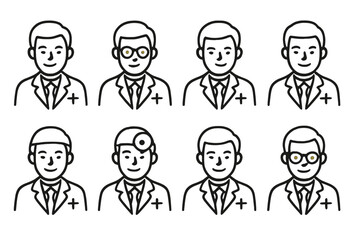 Eight male doctor and physician avatars in simple outline style