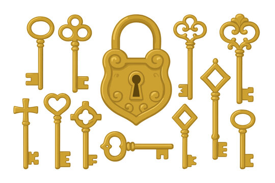 Assortment of antique golden skeleton keys and ornate padlock hardware