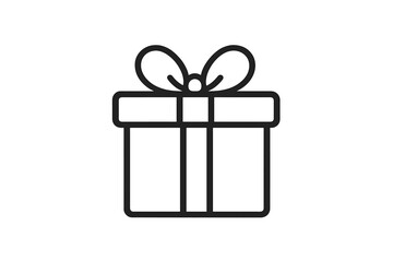 Minimalist black line icon of a wrapped gift box with a decorative bow