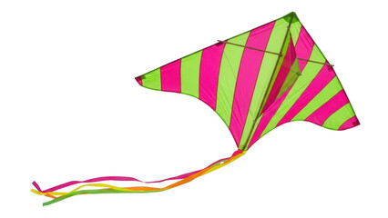 Isolated magenta and green striped kite with streamers, floating and soaring in the sky