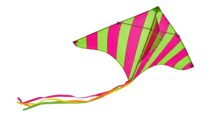 Isolated magenta and green striped kite with streamers, floating and soaring in the sky