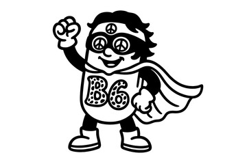 Fototapeta premium Cheerful cartoon superhero mascot character displaying peace signs and chest emblem