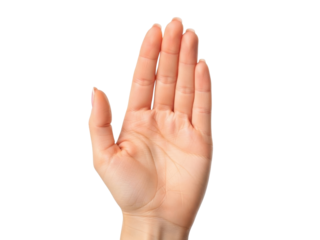 Isolated human hand gesturing stop sign, high five, open palm as symbol of stopping, warning