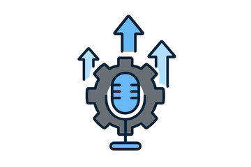 Microphone gear icon with upward trending arrows indicating growth