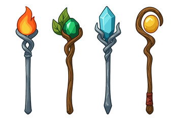 Assortment of fantasy magic staffs featuring elemental orbs © Andrei