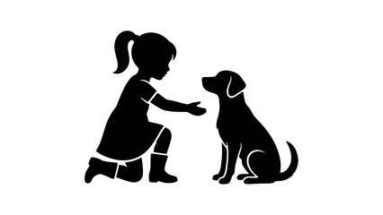 Black silhouette of child and dog bonding, emotional pet interaction, trust and companionship, minimalist vector art, white background, kneeling girl, calm animal, friendship moment, symbolic design