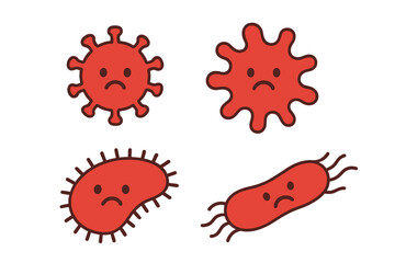 Sad cartoon virus and bacteria characters in vibrant red color scheme