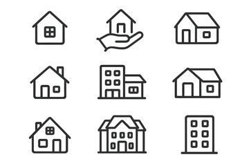 Set of minimalist line icons for residential and commercial structures