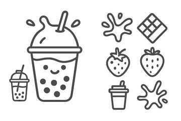 Outline style icons representing bubble tea components and finished beverages