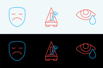 Set line Tear cry eye, Drama theatrical mask and Metronome with pendulum icon. Vector