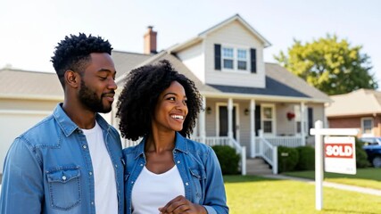 African American black couple laughing and woman holding up new house key in front of their sold home. Homeownership and real estate success lifestyle