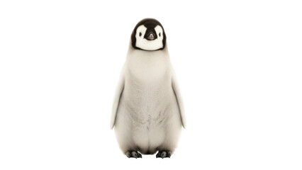 Isolated Emperor penguin chick facing camera on a light surface, wildlife photography
