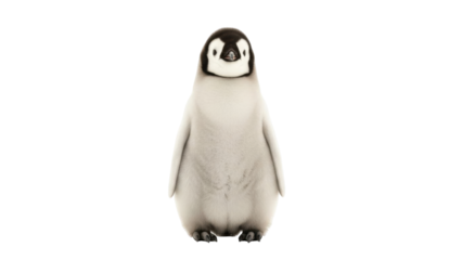 Isolated Emperor penguin chick facing camera on a light surface, wildlife photography