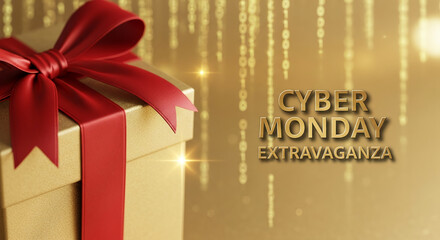 Gold gift box with red ribbon, showcasing a "Cyber Monday Extravaganza" promotion. Symbolizes holiday deals and online shopping celebration