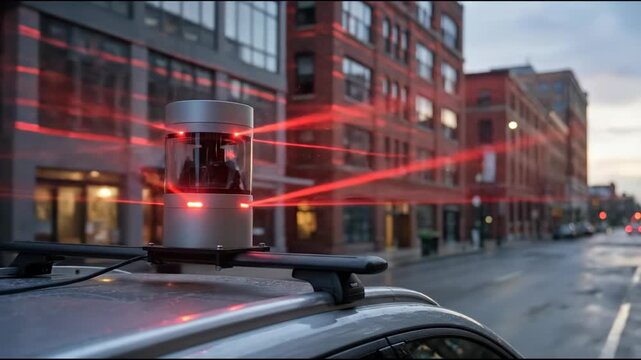 Autonomous car using lidar laser to scan city street at dusk. Red beams project from roof-mounted sensor on vehicle navigating urban environment. Artificial intelligence technology for self-driving
