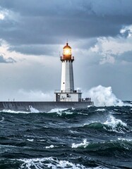 荒れ狂う波と暗い海の中で、遠くまで力強く伸びる灯台の光。
重い雲と白い波、鋭い光のコントラストが緊張感を演出します