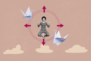 Full image trendy photo collage of happy businesswoman do yoga meditation jump target aim achievement arrow progress swan bird