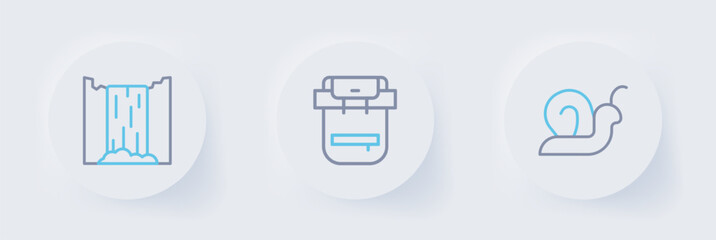Set line Snail, Hiking backpack and Waterfall icon. Vector