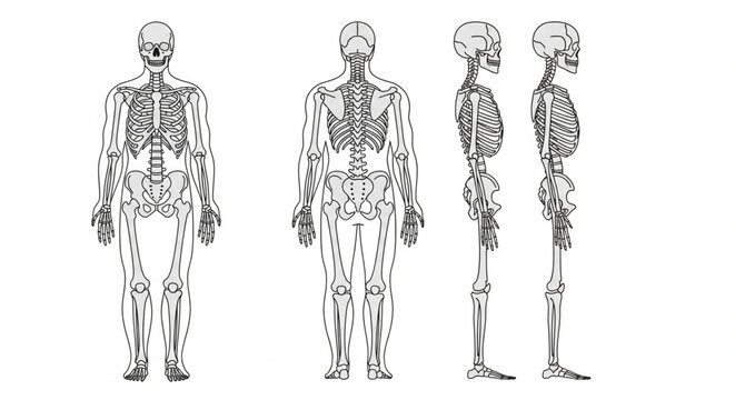 Detailed anatomical illustration of human skeleton from front, back, and side views.