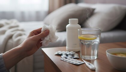 Hand holding tissue near medicine and soup, bedside table