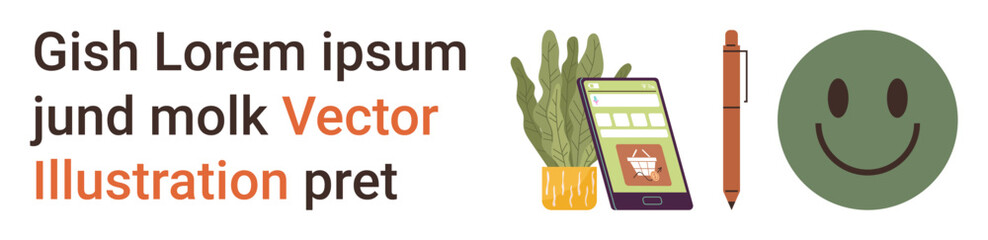 Digital workspace, productivity tools, online shopping, tech convenience, emotional wellness, creativity. Tablet showing an e-commerce screen, pen plant and happy face. Digital workspace