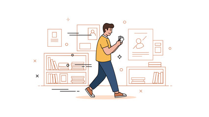 Young caucasian male engrossed in smartphone while walking in modern office setting