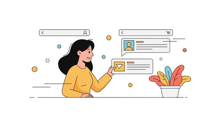 Young asian female engaging with online social media on touchscreen interface